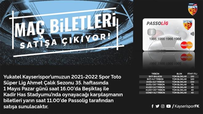 Kayserispor-Beşiktaş Biletleri Satışa Çıktı