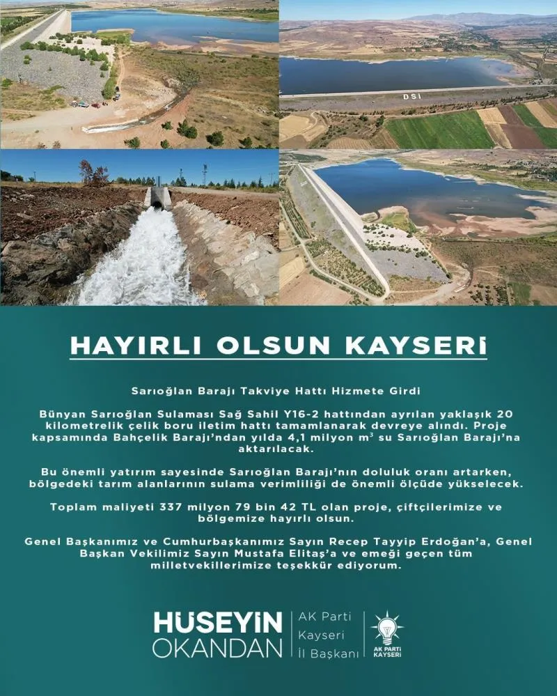  Sarıoğlan Barajı Takviye Hattı, hizmete girdi