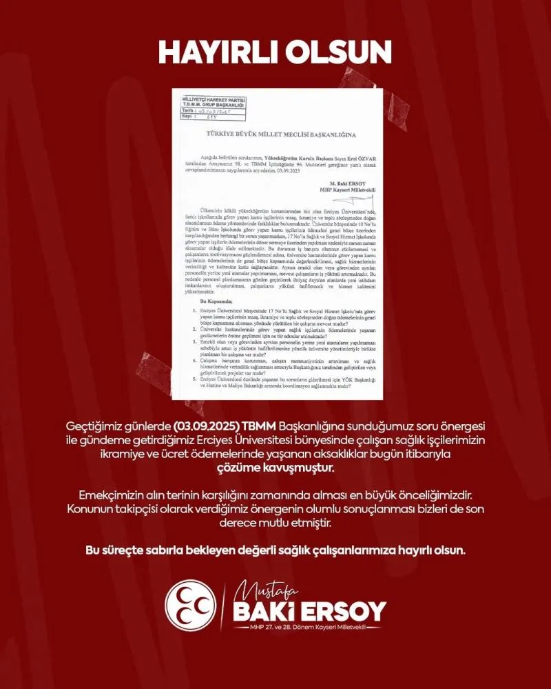 Milletvekili Ersoy’dan sağlık işçilerine müjde